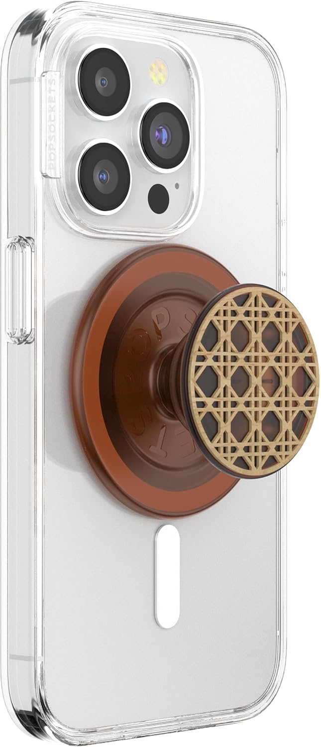 A smartphone with a clear case features a brown PopSocket grip with a wooden lattice pattern, offering a stylish blend of natural texture and modern design for secure handling and versatile functionality.