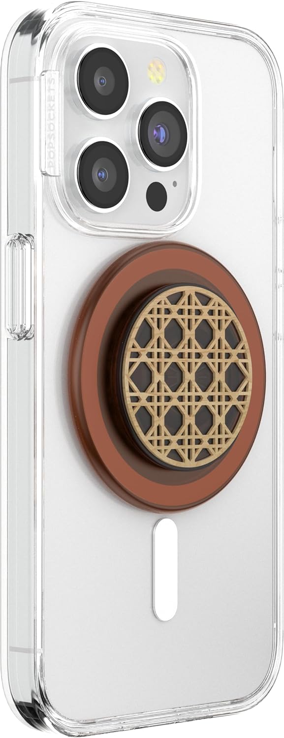 A clear smartphone case is shown with a brown PopSocket securely attached to the back. The PopSocket features a wooden lattice design, combining rustic elegance with modern functionality for improved grip and convenience.