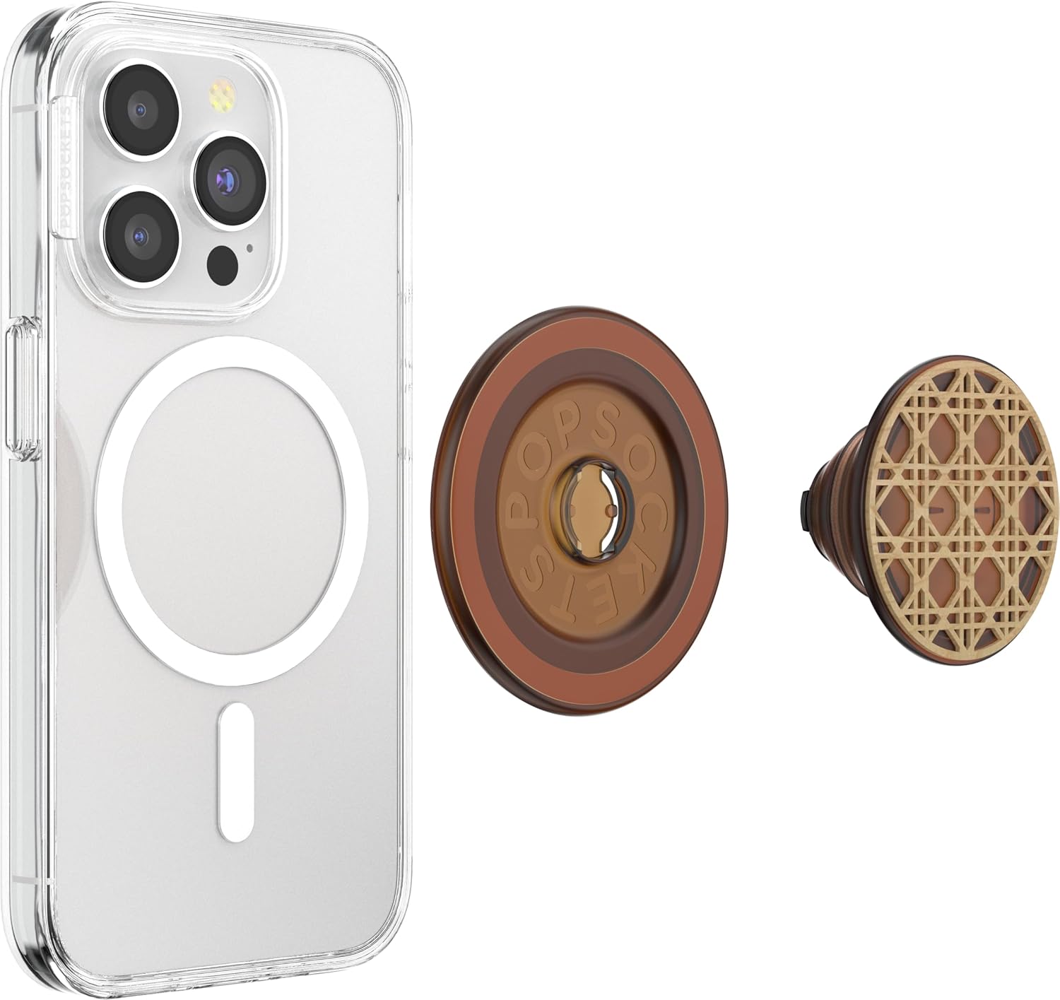 A clear smartphone case is shown alongside a detachable brown PopSocket with a wooden lattice design on top. The PopSocket has a rich brown and bronze base, offering a stylish blend of rustic and modern aesthetics while ensuring secure handling and functionality for the phone.