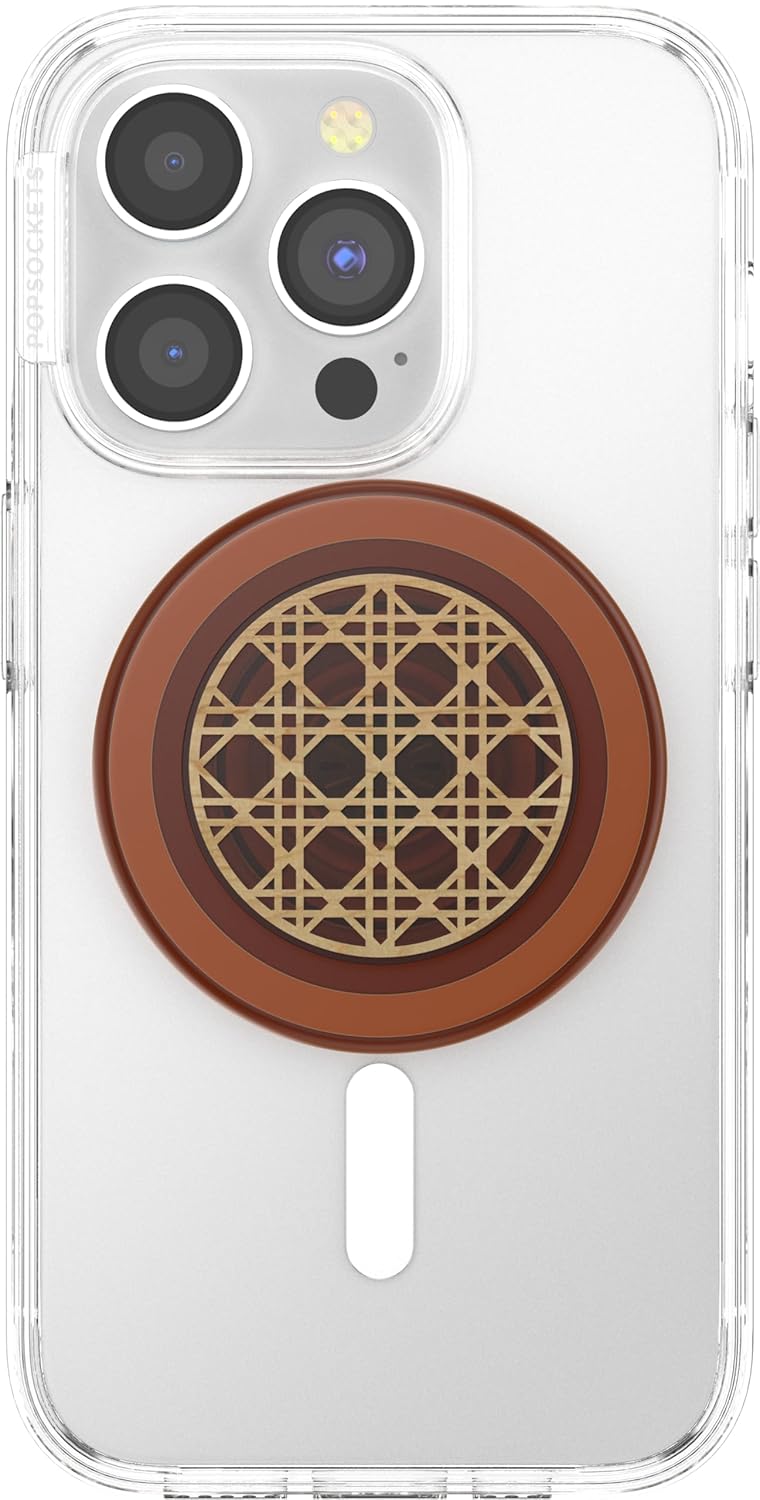 A clear smartphone case featuring a brown and bronze PopSocket with an intricate wooden lattice design on top. The textured grid pattern adds a stylish, rustic flair to the modern, minimalist case.