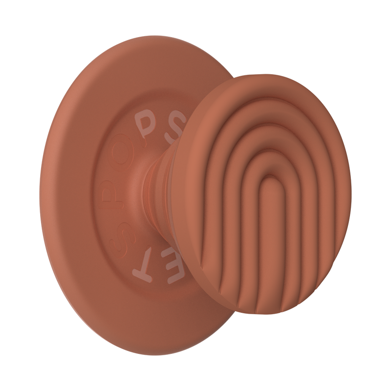 Close-up view of the PopOut Terracotta Curves PopGrip for MagSafe, featuring a terracotta-colored design with curved lines. The grip is extended, showcasing its stylish and functional form, designed to provide a secure hold for smartphones