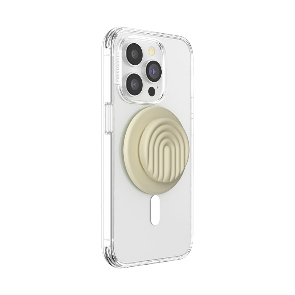 A clear MagSafe-compatible phone case with a beige PopSocket featuring a raised arch design for better grip and a modern look.