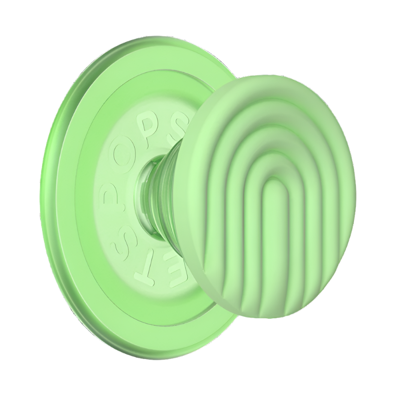 Close-up view of the PopOut Curves Matcha Dew PopGrip for MagSafe, featuring a light green color with curved lines. The grip is extended, showcasing its stylish and functional form, designed to provide a secure hold for smartphones