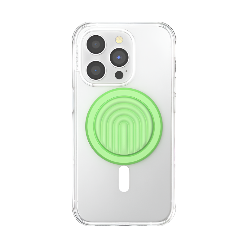  A clear phone case is shown attached to a smartphone with a PopOut Curves Matcha Dew PopGrip for MagSafe. The PopGrip, featuring a light green color with curved lines, is centered on the back of the phone case, providing a secure and stylish hold for the device