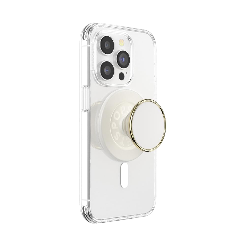 A smartphone encased in a clear protective case, equipped with a cream-colored PopSocket featuring a gold metallic ring, providing both functionality and a touch of elegance.