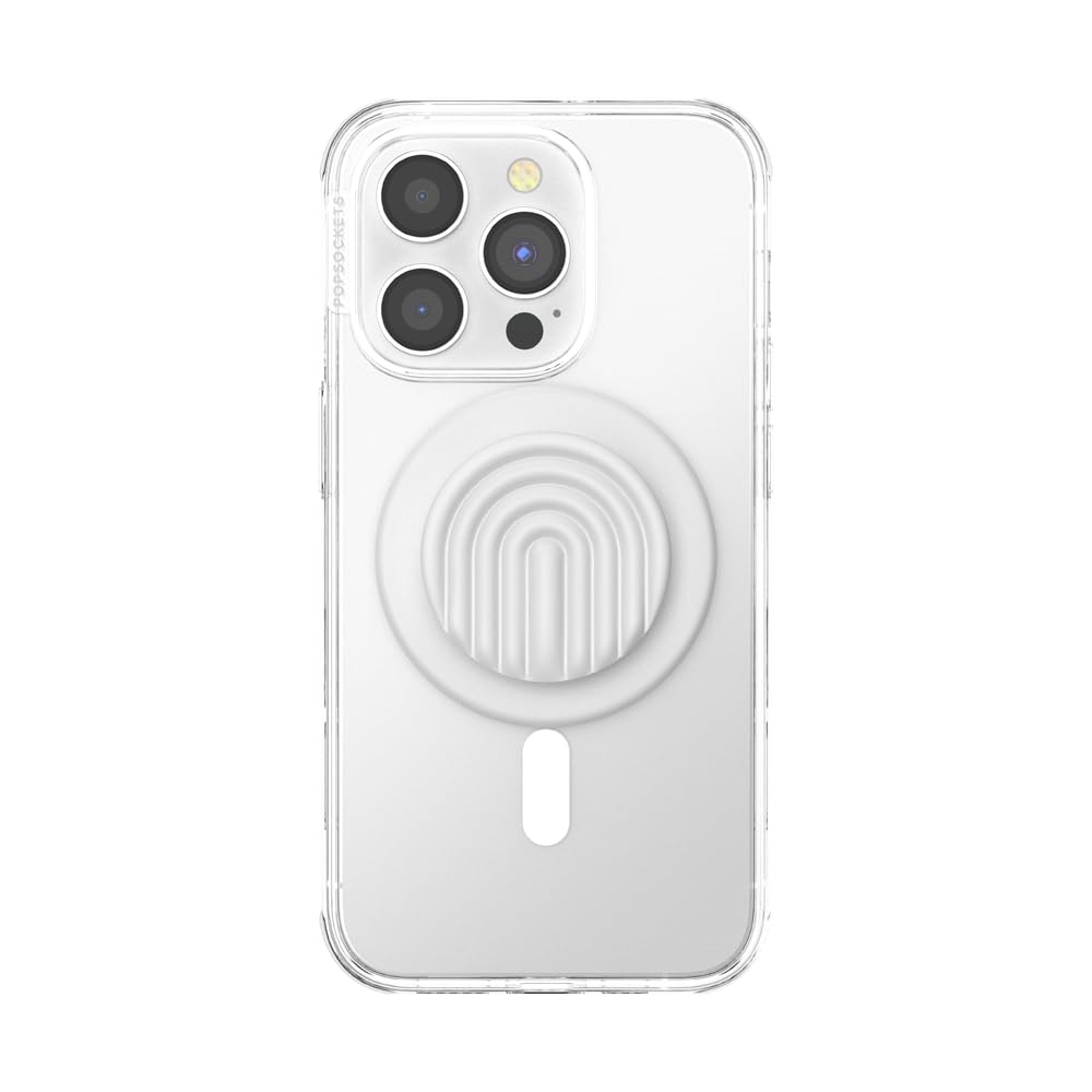 This image features a clear phone case with a white, minimalist PopSocket attached. The PopSocket has a clean, raised arch design, complementing the sleek and modern aesthetic of the transparent case. The overall look is simple, functional, and stylish.