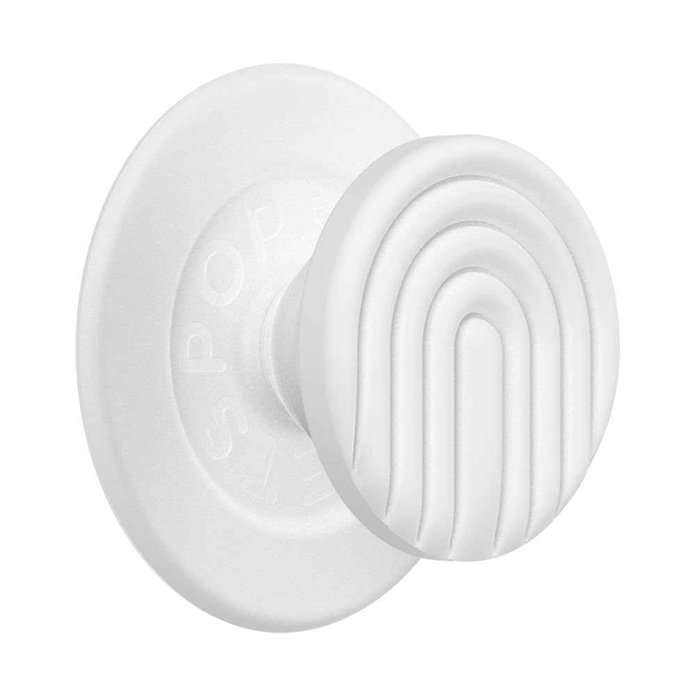 A white PopSocket with a sleek, minimalist design features a raised arch pattern on its grip, giving it a clean, modern aesthetic. The base and grip seamlessly match in color for a cohesive look.