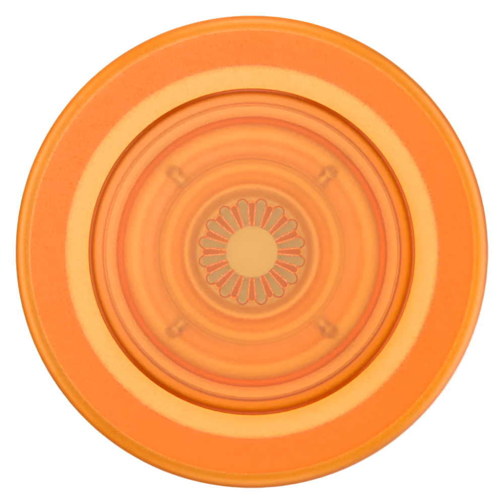 ALT: Close-up view of the PopSockets MagSafe PopGrip in the Orange Zest color, featuring a sunburst design in the center. The grip displays concentric circles with a gradient effect from orange to yellow, providing a stylish and functional accessory for smartphones.