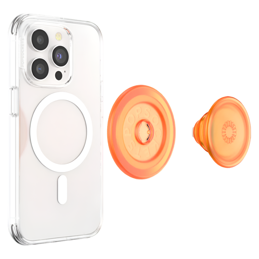 ALT: A clear phone case with a MagSafe ring is shown beside a detached PopSockets MagSafe PopGrip in the Orange Zest color. The PopGrip, featuring a sunburst design, is ready to be attached to the phone case, providing a secure and stylish grip for the device.