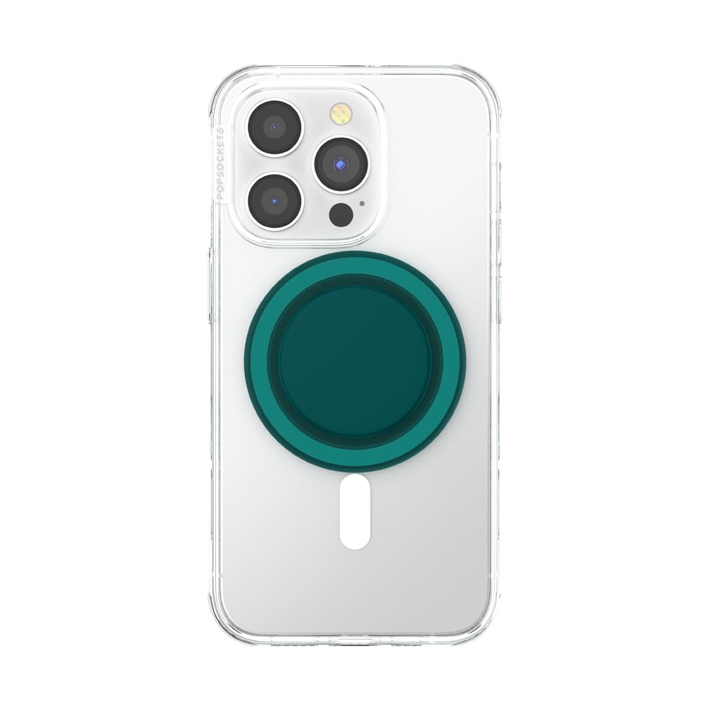 This image displays a **teal MagSafe-compatible PopSocket** attached to the back of a clear phone case on a smartphone. The circular design has a solid matte teal finish with a complementary base, perfectly aligned with the phone's MagSafe magnets. The sleek and clean aesthetic makes it an ideal accessory for enhancing grip and convenience while maintaining a modern and minimalistic style.