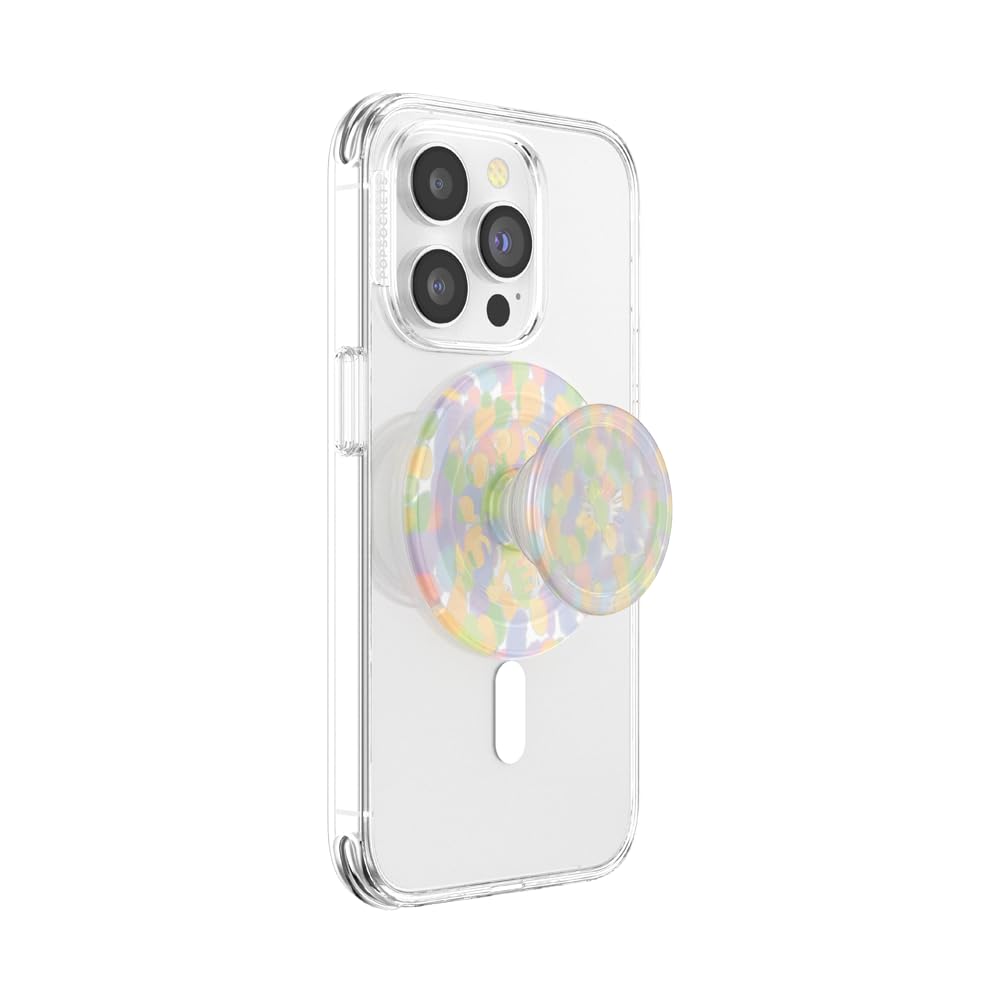 A smartphone encased in a clear protective case featuring a PopSocket grip with a vibrant, multicolored abstract pattern. The grip adds both artistic charm and practical functionality for secure handling and versatile use.