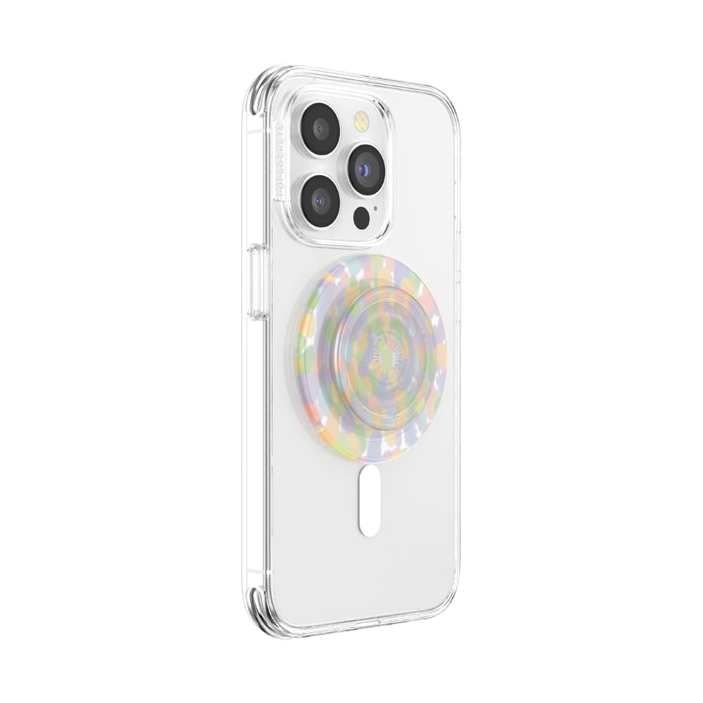 A smartphone with a clear case featuring a PopSocket grip with a transparent base and a vibrant, colorful abstract pattern, combining functionality with artistic flair for secure handling and a unique aesthetic. 