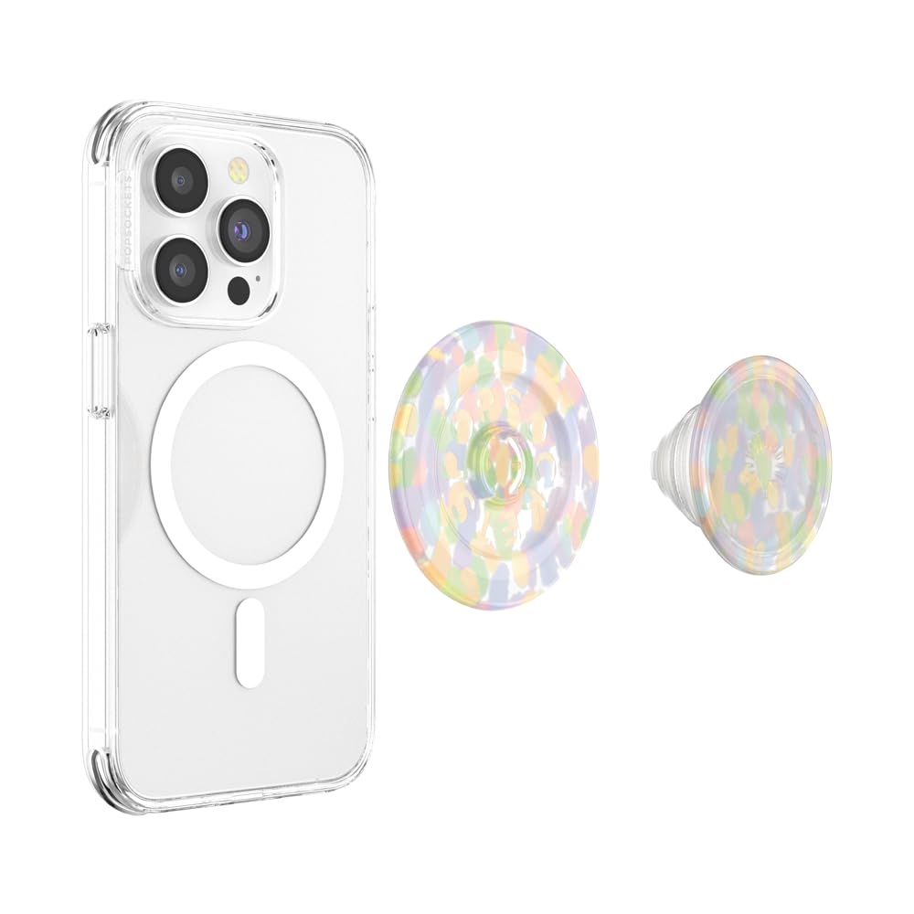 A smartphone with a clear case featuring a PopSocket grip with a transparent base and a vibrant, colorful abstract pattern, combining functionality with artistic flair for secure handling and a unique aesthetic. 