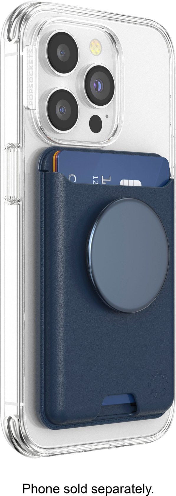 A close-up view of a clear phone case with a navy blue leather PopSockets MagSafe Softgoods PopWallet attached to the back. The PopWallet has a circular PopSocket and a partially inserted blue card. The phone's triple camera system is prominently visible above the wallet.