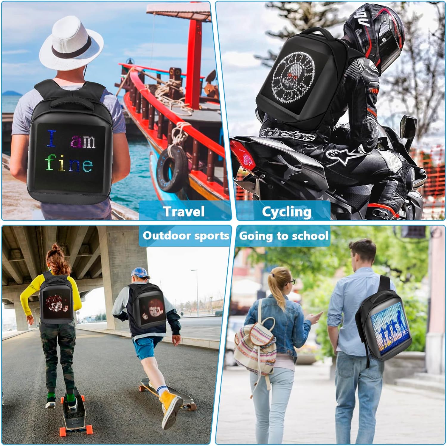 LED display backpacks for various activities including travel, cycling, outdoor sports, and school, showcasing customizable digital designs.