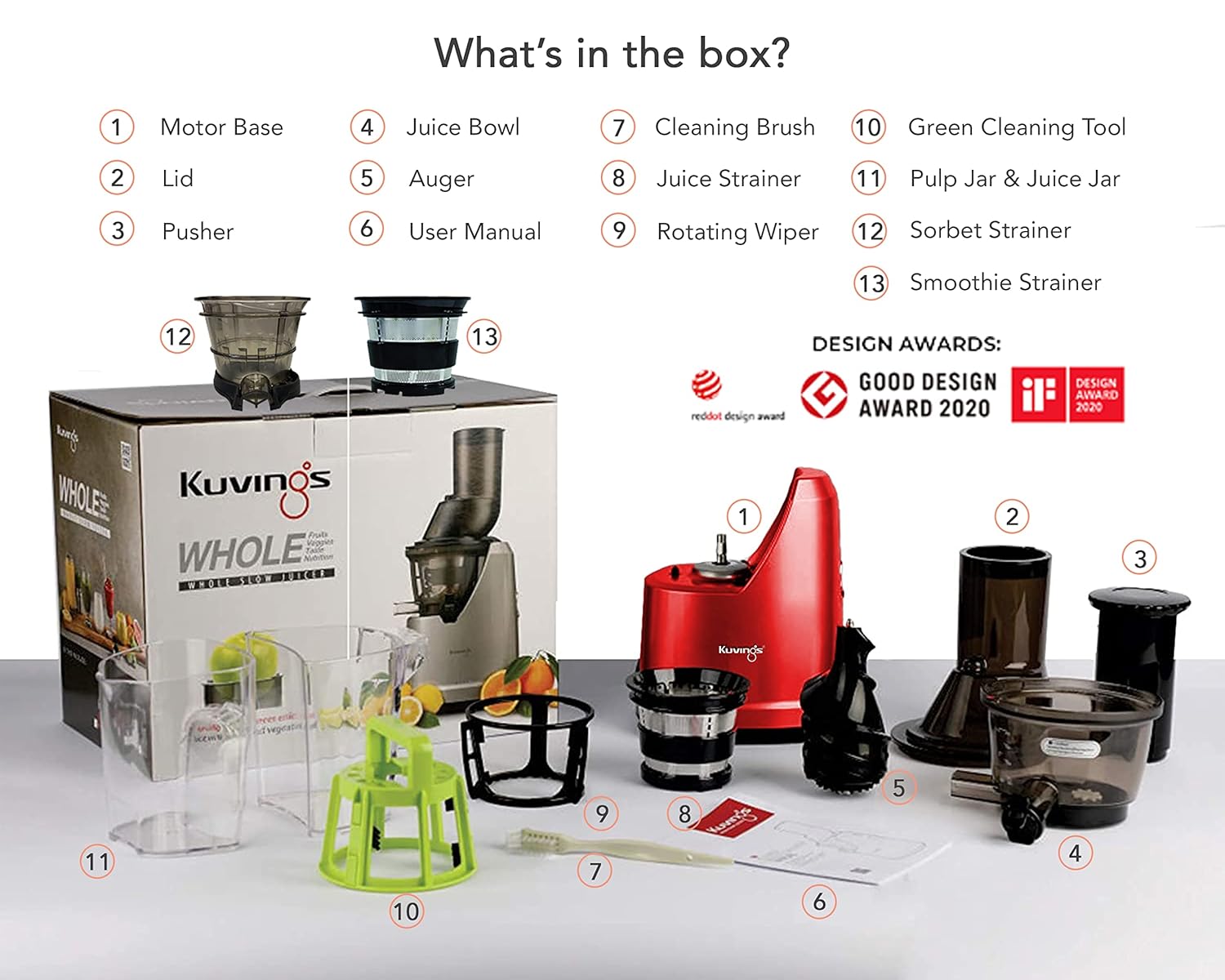 Kuvings B1700 Cold Press Slow Juicer with Sorbet and Smoothie Strainers