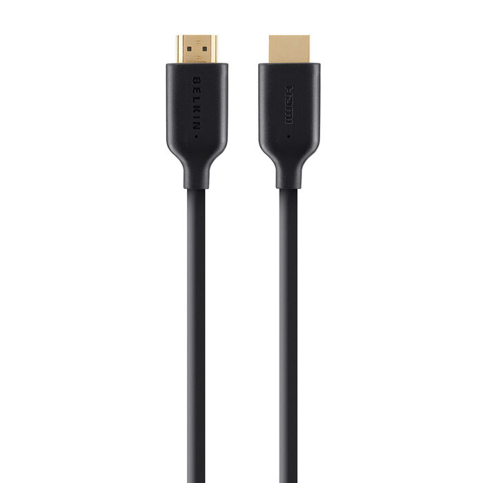 The image shows a Belkin-branded HDMI cable, featuring two HDMI male connectors. Both connectors have a slim, streamlined design, with one labeled "Belkin" and the other labeled "HDMI." The cable is black with gold-plated tips on each connector, ensuring optimal connectivity for high-definition video and audio transmission. This type of HDMI cable is suitable for connecting devices such as gaming consoles, streaming devices, or computers to monitors, TVs, or projectors. The cable appears durable, and the mi