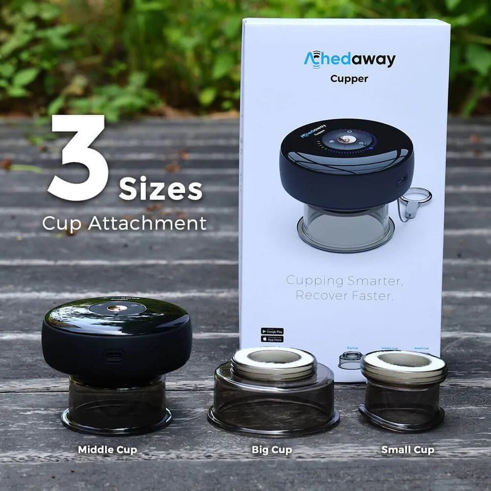 Display of the Achedaway Cupper device with three detachable cup attachments in different sizes—middle, big, and small. The product packaging is shown in the background, featuring the tagline "Cupping Smarter. Recover Faster." The setup highlights the versatility and convenience of the interchangeable cups for targeted muscle therapy.