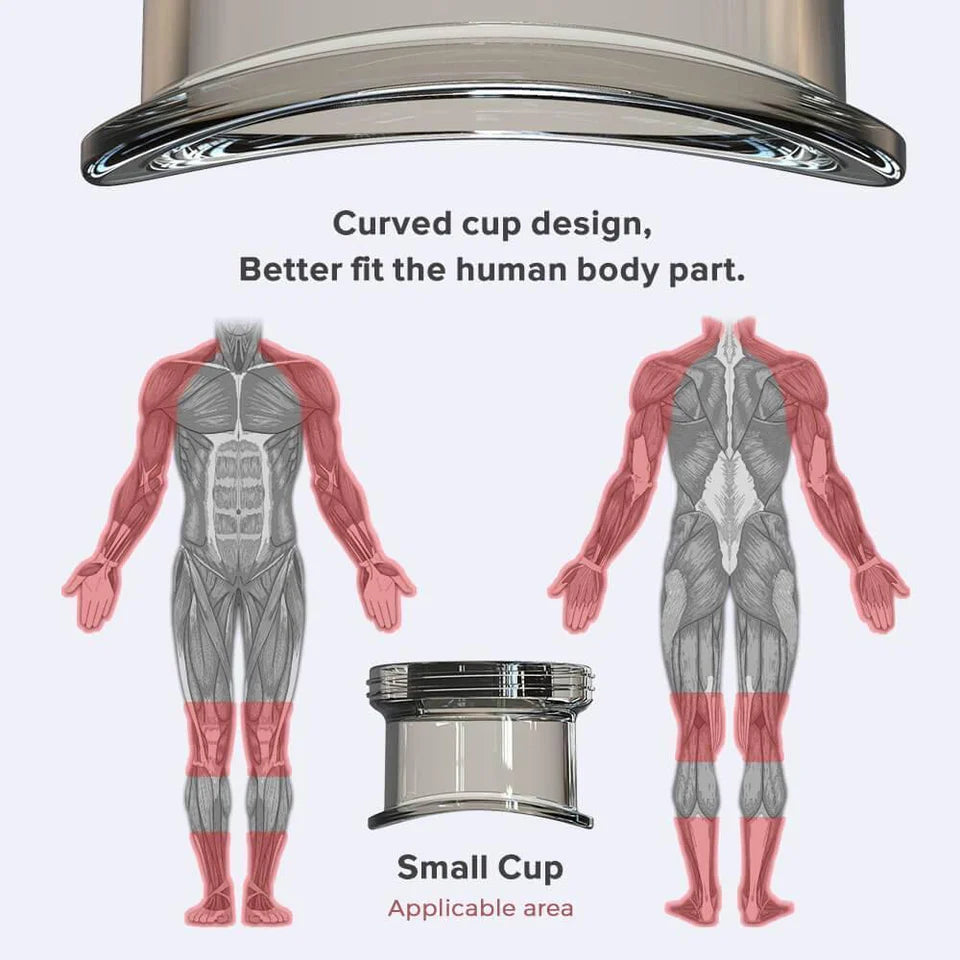 Display of the Achedaway Cupper device with three detachable cup attachments in different sizes—middle, big, and small. The product packaging is shown in the background, featuring the tagline "Cupping Smarter. Recover Faster." The setup highlights the versatility and convenience of the interchangeable cups for targeted muscle therapy.