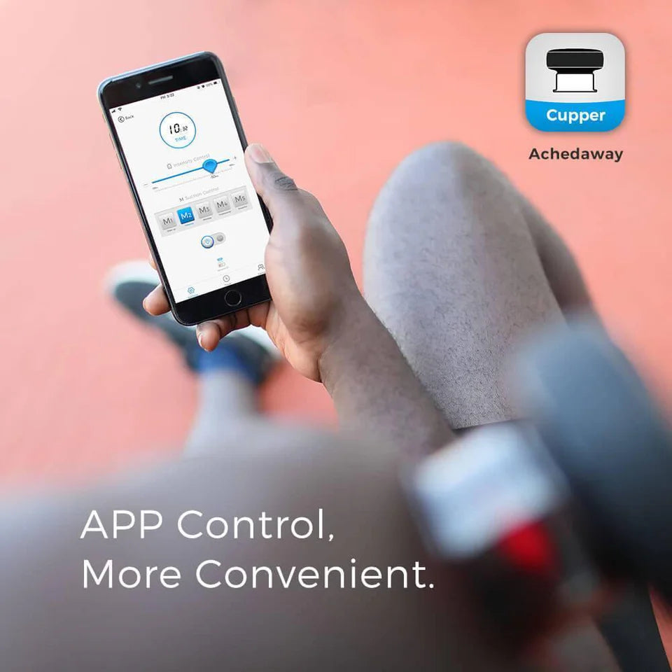 Person using a smartphone to control an Achedaway Cupper therapy device via a dedicated mobile app. The app interface displays adjustable settings for suction and massage modes. The device is applied to the person's leg, and the image highlights the convenience of app control with the text "APP Control, More Convenient." The Achedaway Cupper logo is visible in the top right corner.