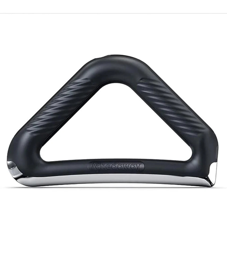 Triangle-shaped ergonomic handle with a black matte finish and silver metallic accents, featuring a textured grip for enhanced comfort and control. The brand name Ashedaway is embossed on the lower bar. Ideal for fitness, travel, or daily use.