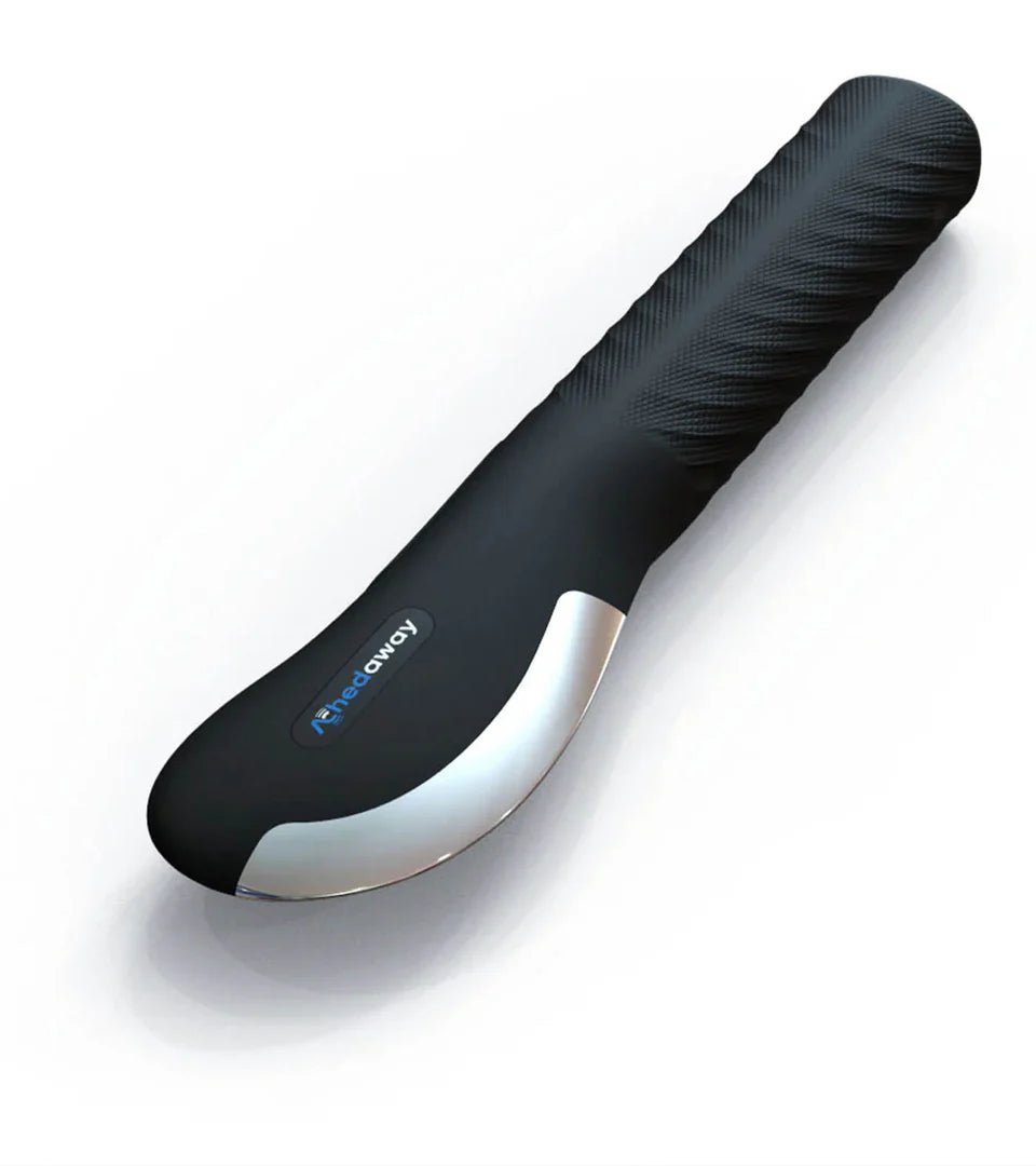 A black handheld massager with an ergonomic, textured grip and a sleek curved design, featuring a metallic accent near the massage head, ideal for targeted muscle relief and relaxation.