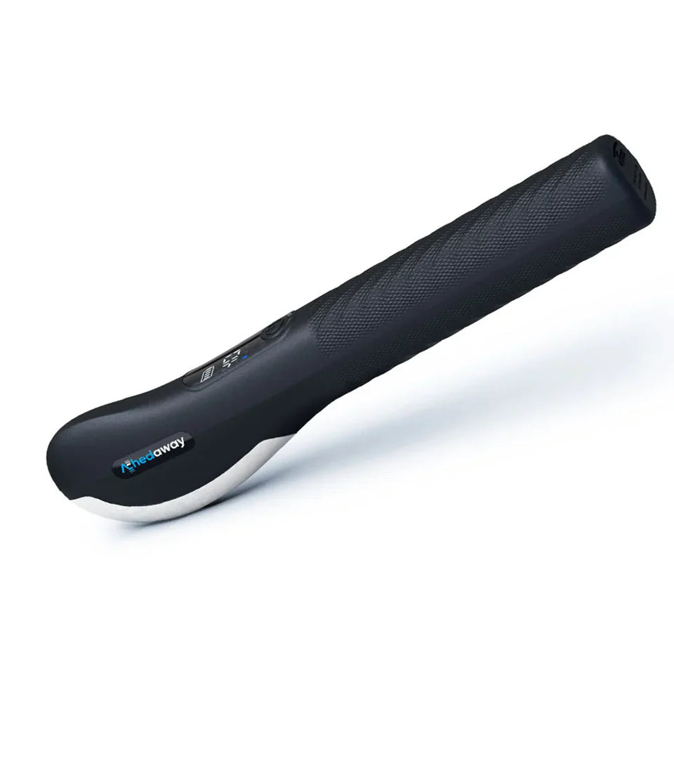 A sleek black handheld massager with a textured grip and ergonomic design, featuring a streamlined shape for comfortable handling and targeted muscle relief, ideal for personal relaxation and recovery.