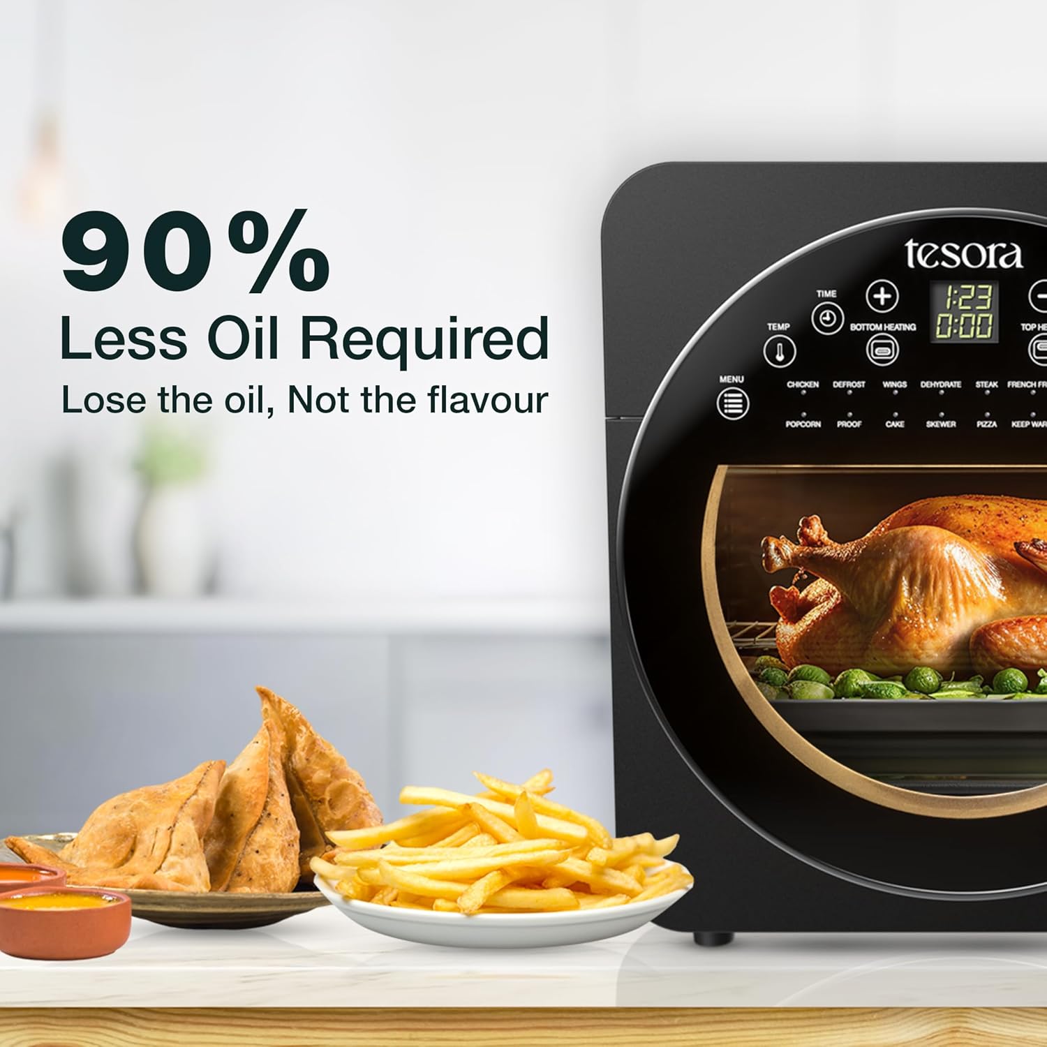 Tesora air fryer with a digital display, showcasing a roasted chicken cooking inside. The image emphasizes "90% less oil required" for healthier cooking, with fried food like samosas and fries displayed next to the air fryer, promoting the idea of retaining flavor while using less oil.