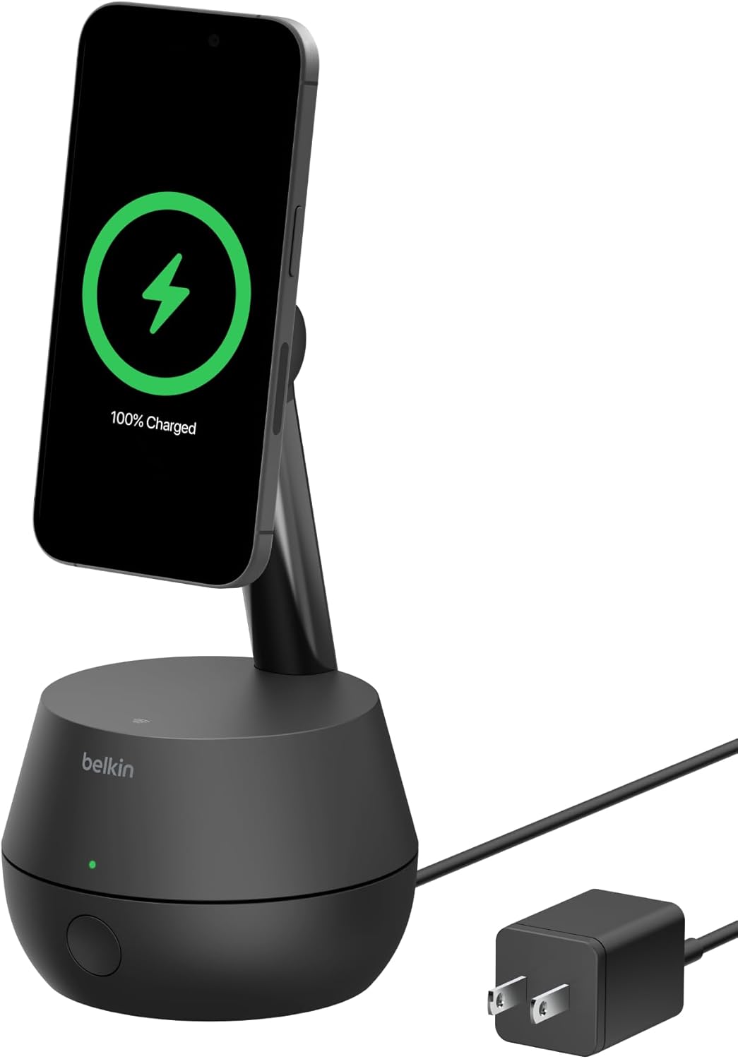 A Belkin magnetic wireless charging stand holding a smartphone in an upright position, displaying a fully charged status. The stand features a sleek black design with an adjustable arm for flexible positioning and a power adapter connected via a cable. It provides convenient hands-free charging and is compatible with MagSafe-enabled devices.