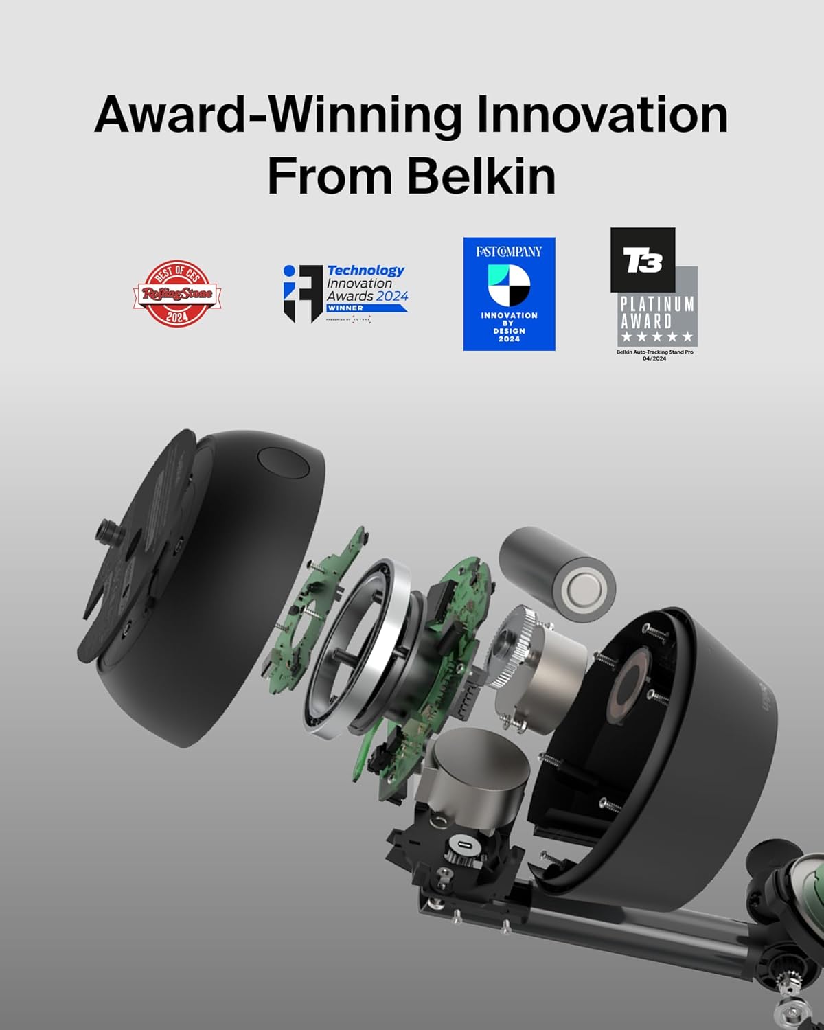 Belkin's Auto Tracking Stand Pro showcases its award-winning innovation, highlighted with accolades from Rolling Stone, Technology Innovation Awards 2024, Fast Company Innovation by Design, and T3 Platinum Award.