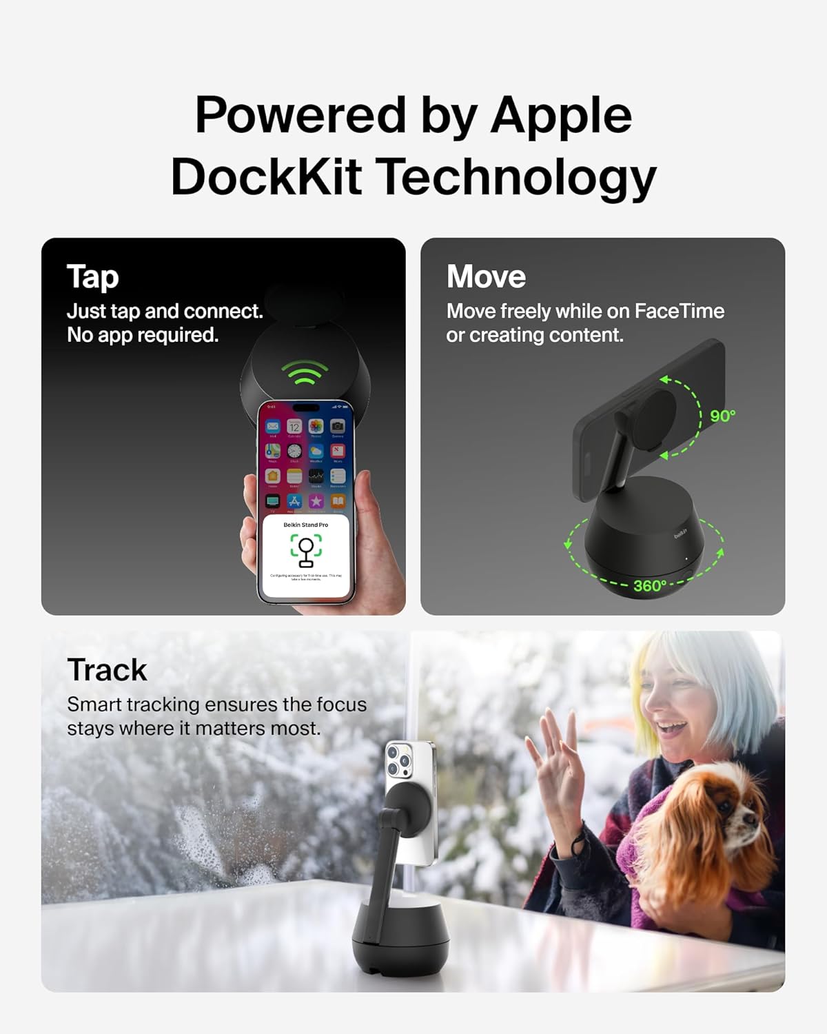 A promotional image highlighting the features of a device powered by Apple DockKit Technology, showcasing seamless tap-to-connect functionality without an app, 360-degree and 90-degree movement for flexibility, and smart tracking to keep the focus on the subject during FaceTime or content creation.