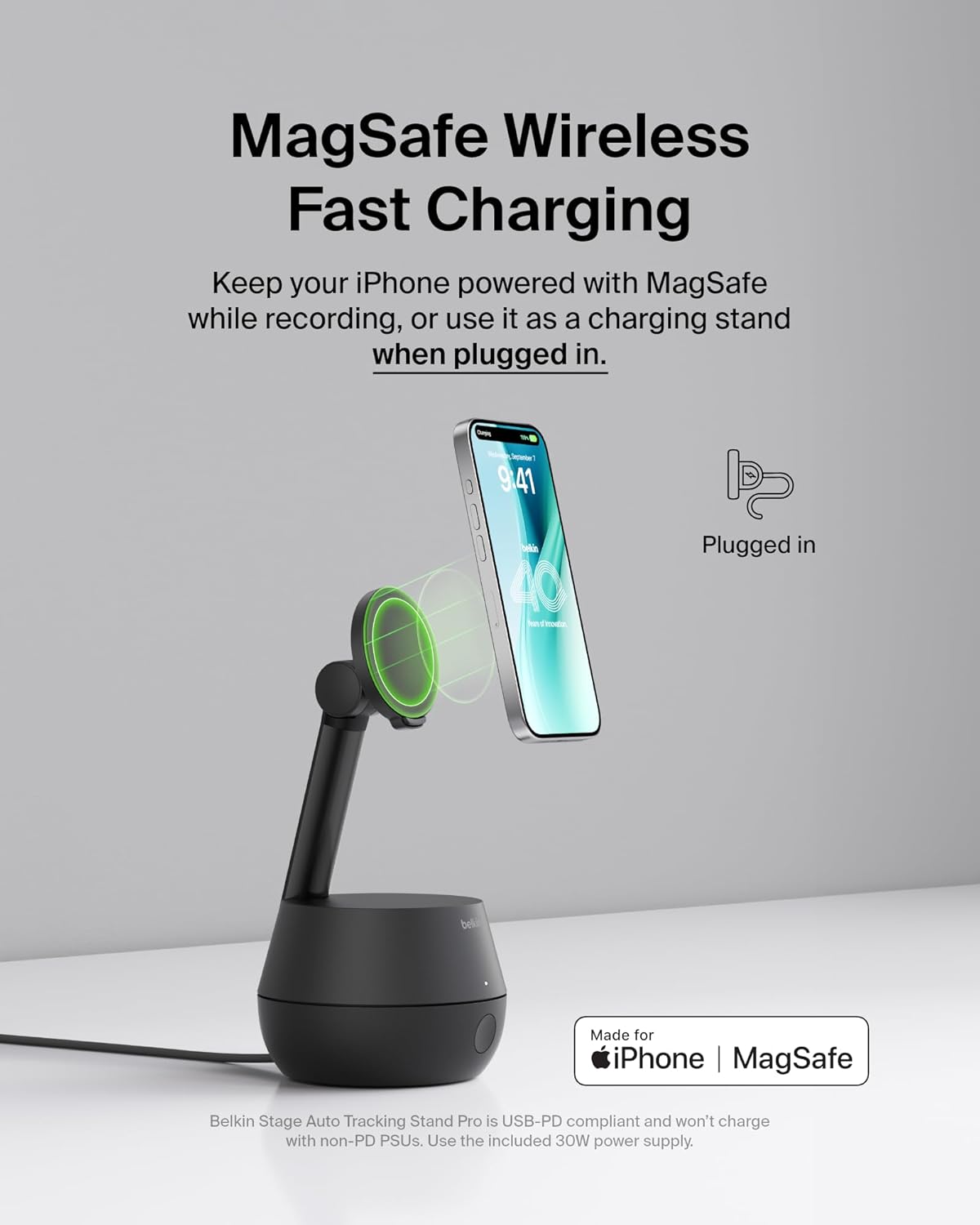 A Belkin device offering MagSafe wireless fast charging keeps your iPhone powered while recording or serves as a charging stand when plugged in.