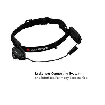  A black LED Lenser headlamp with an adjustable strap is shown, connected to a battery pack via a coiled cable. The image highlights the "Ledlenser Connecting System," which offers one interface for many accessories. The LED Lenser logo is visible on the strap, and the background is white, emphasizing the headlamp's design and connectivity feature.