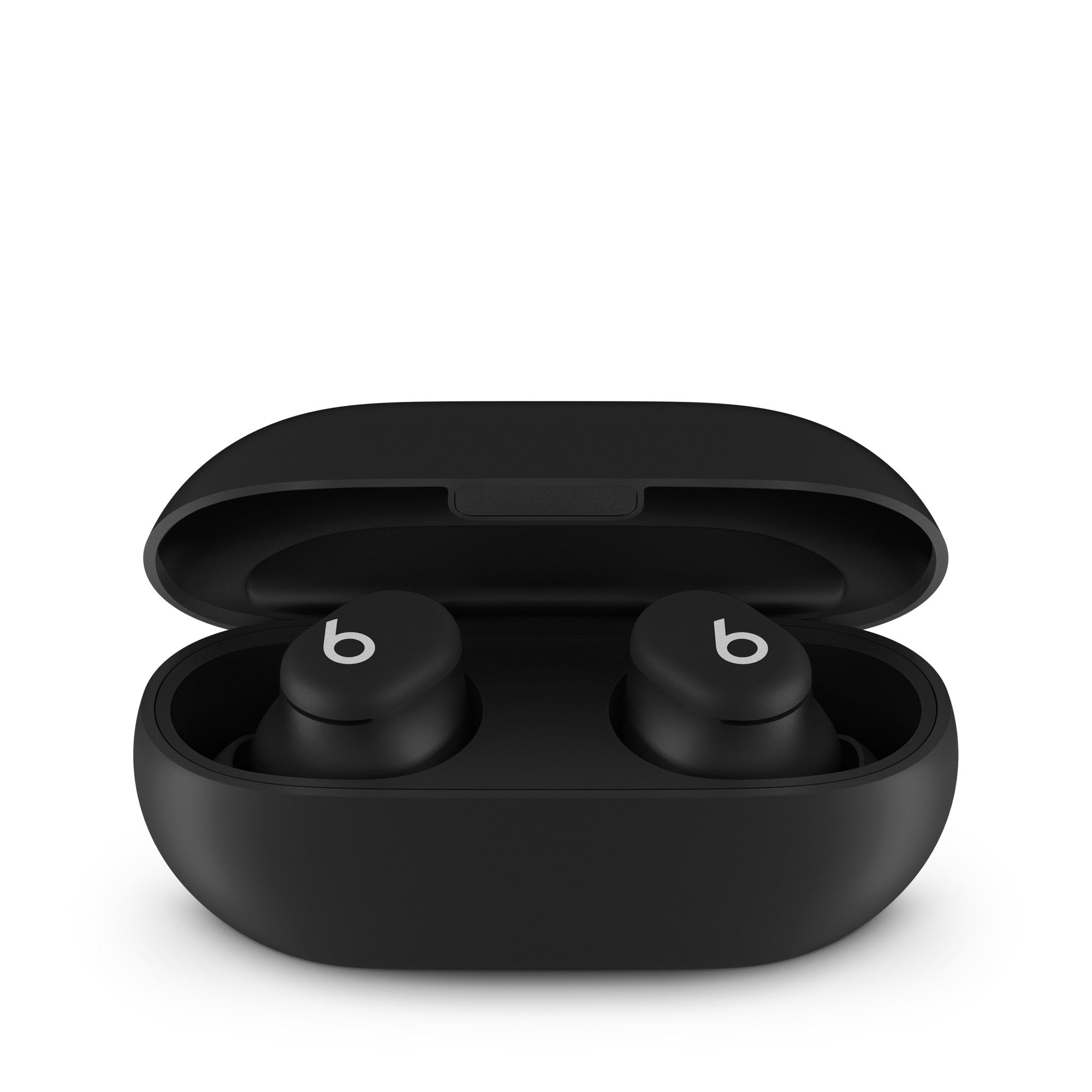 Wireless noise-canceling earbuds with charging case and sleek black matte finish.