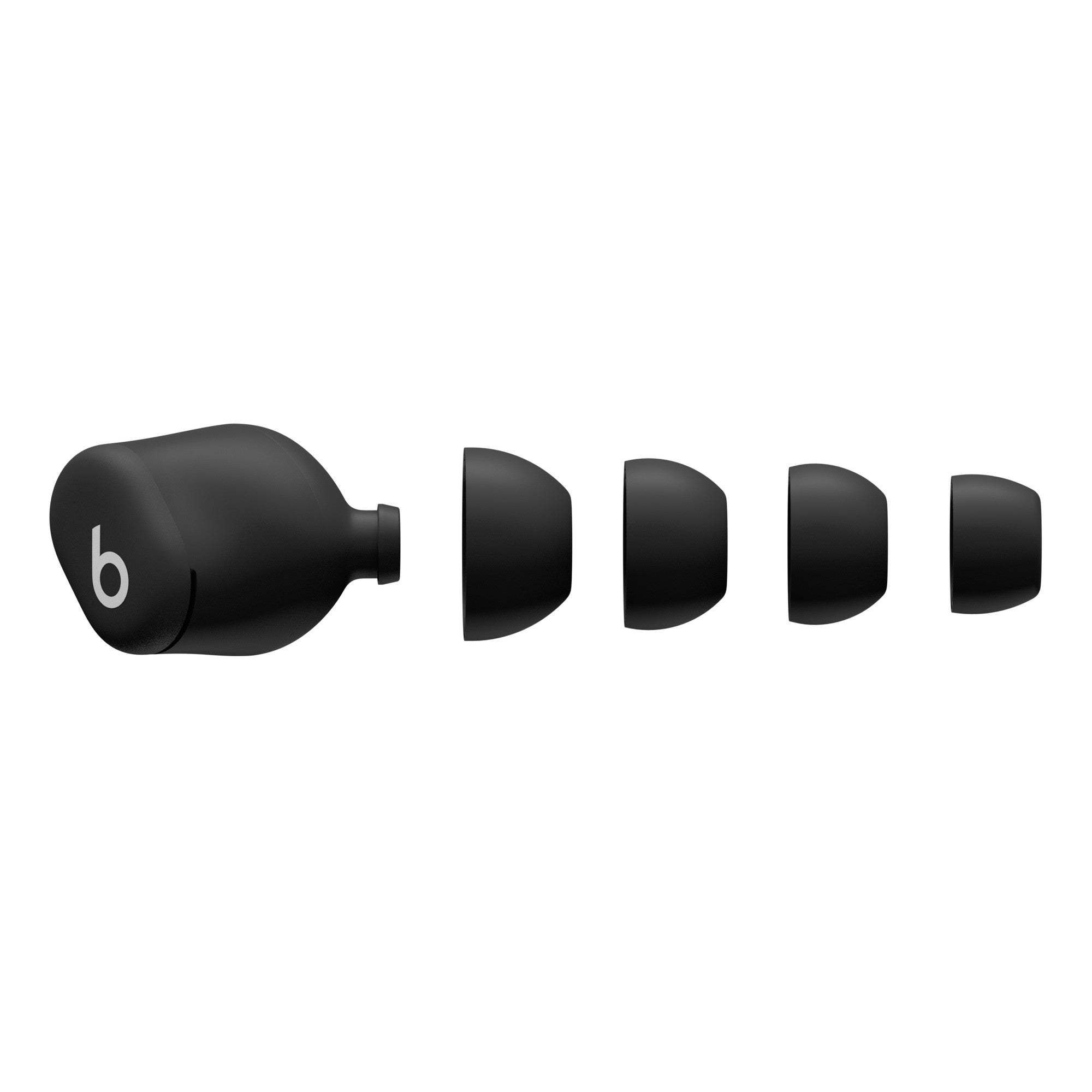 Wireless earbud with multiple ear tip sizes for customizable fit and black matte finish.