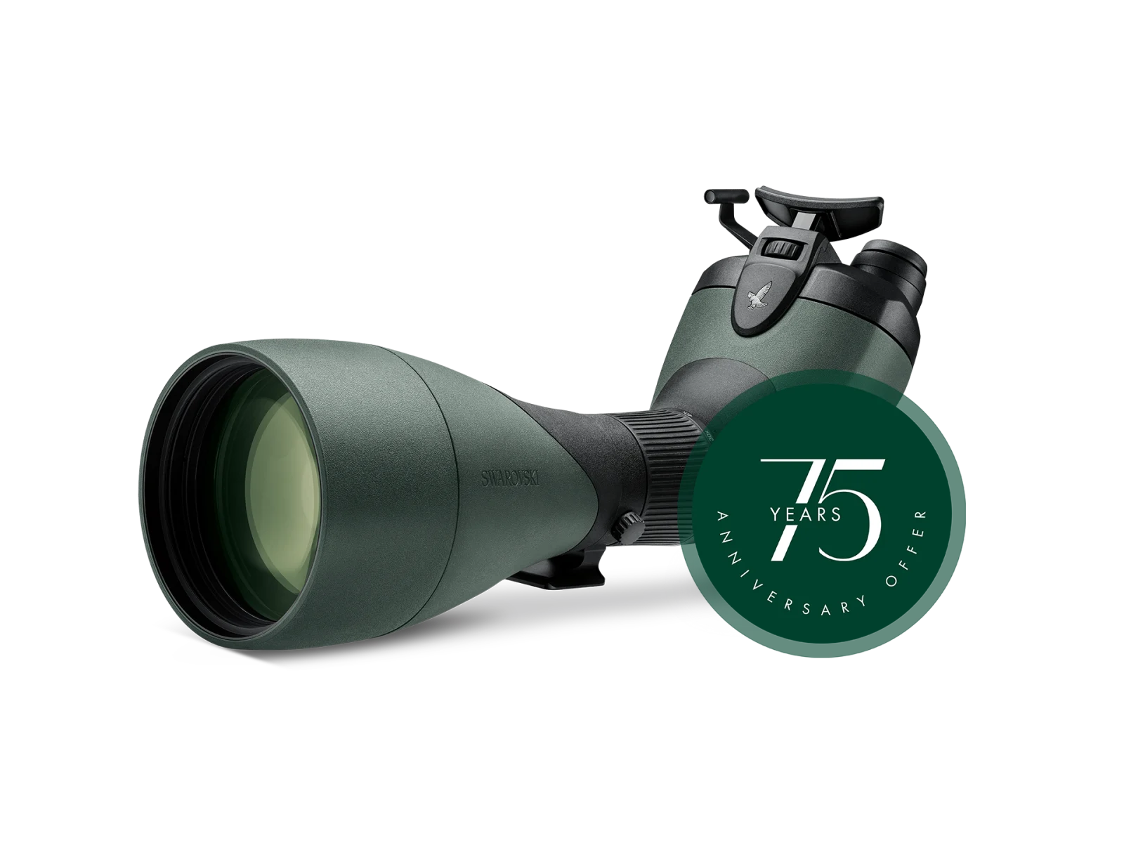 A Swarovski Optik spotting scope with a green-tinted objective lens and an angled design, featuring the Swarovski hawk logo near the eyepiece. A green circular badge overlays the image, displaying "75 Years Anniversary Offer," emphasizing a special promotional milestone for the product.