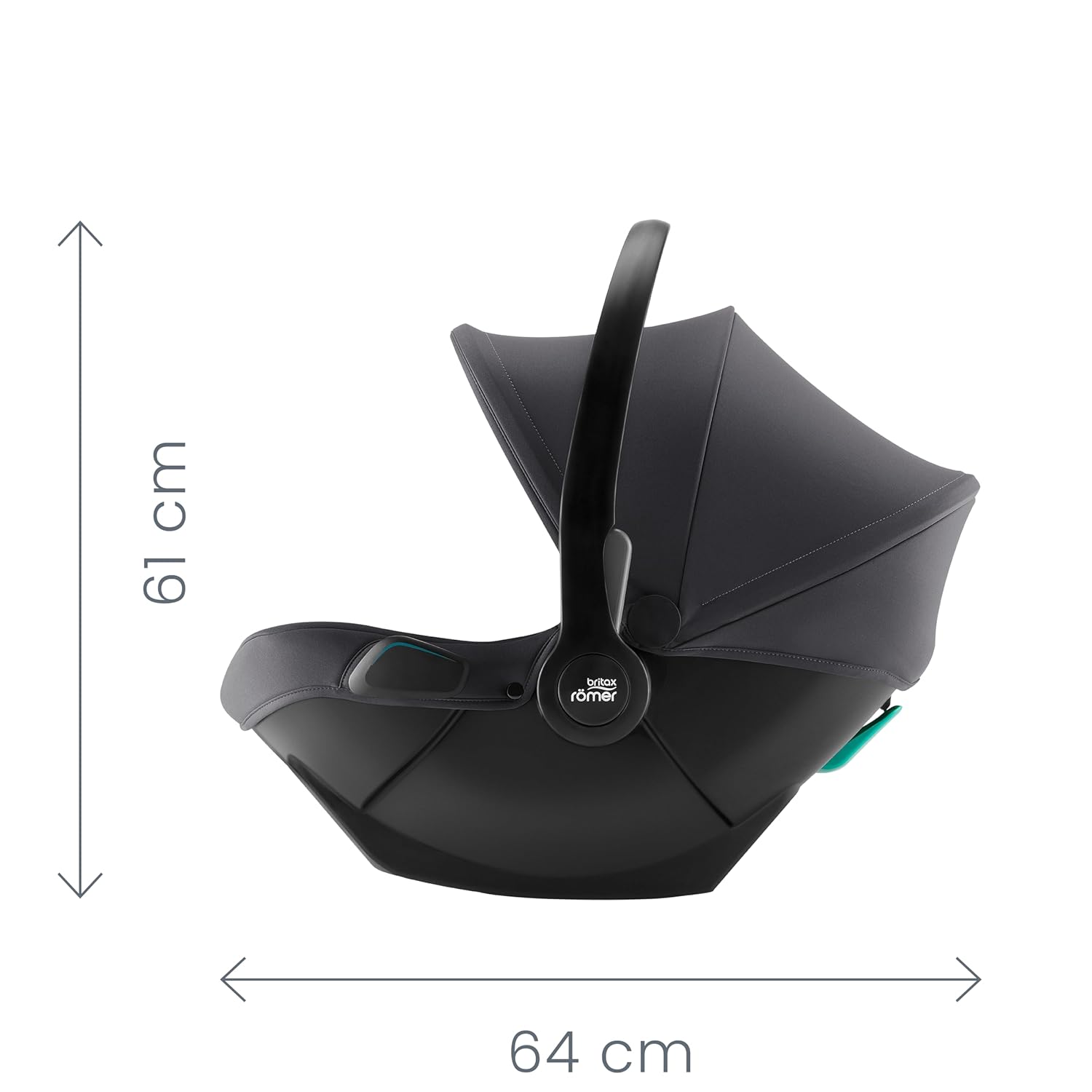 Side view of Britax Römer infant car seat with handle and canopy extended, displayed with dimensions — 61 cm in height and 64 cm in length.