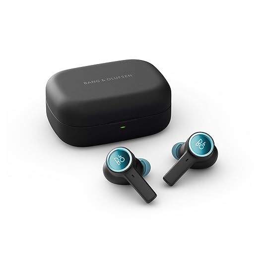 Bang & Olufsen wireless earbuds in black with teal accents, accompanied by a compact black charging case.