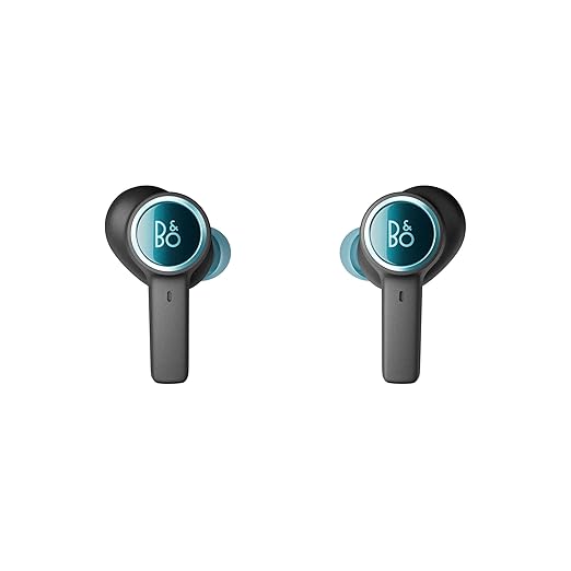 Bang & Olufsen wireless earbuds featuring a sleek black design with teal accents and the B&O logo on each earbud.