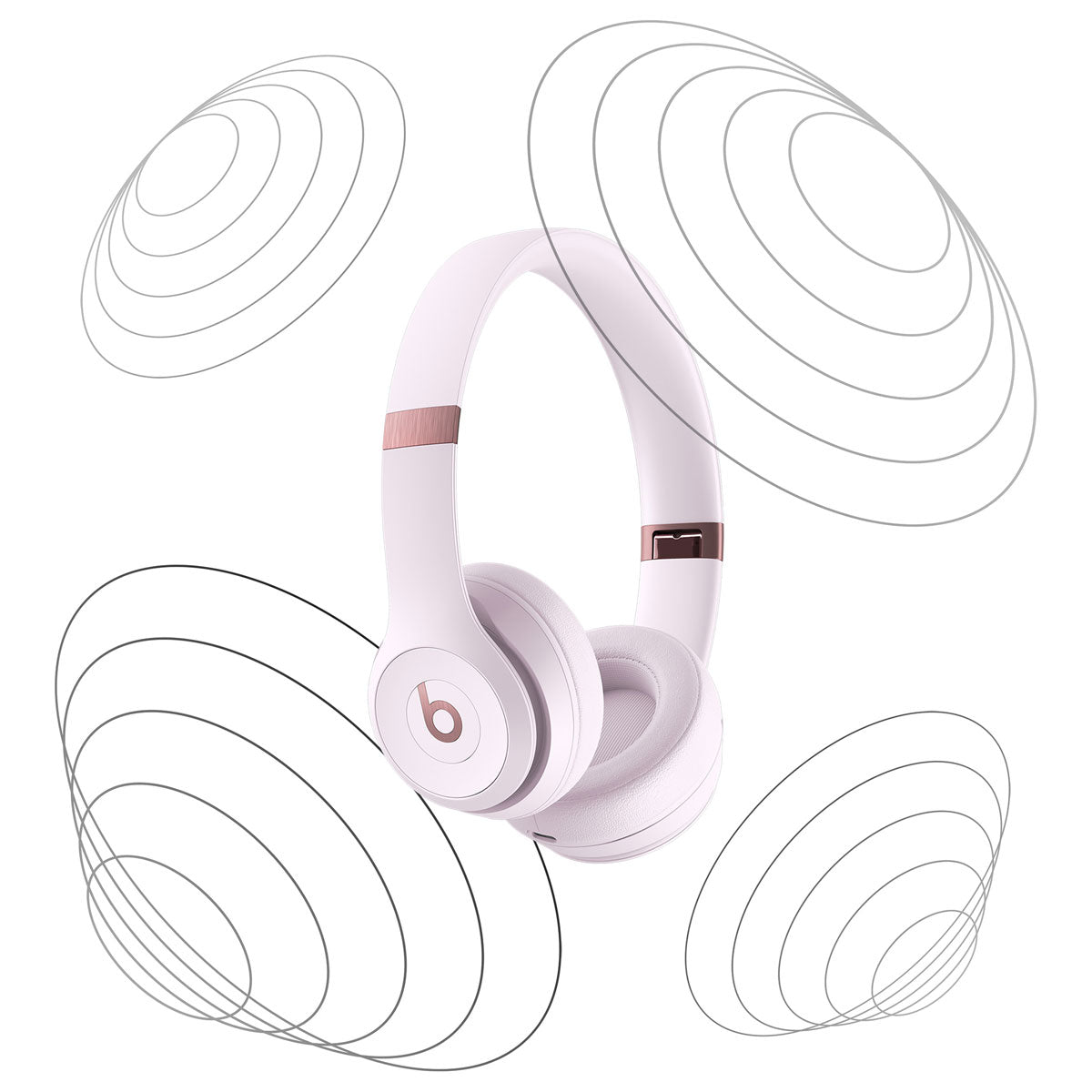 The image features a pair of Beats Solo 4 headphones in a light pink color, prominently displayed against a white background. Surrounding the headphones are abstract circular patterns that likely symbolize sound waves, emphasizing the audio quality or the noise-canceling features of the headphones. The image is designed to highlight the sleek design and the premium feel of the Beats Solo 4, making it visually appealing and suggestive of a high-quality listening experience.