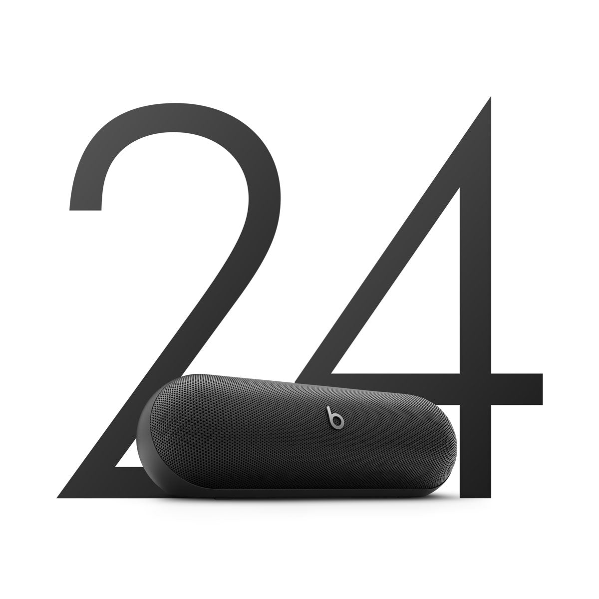 Alt text for this image:

A black Beats portable speaker placed in front of a large number "24" graphic, symbolizing its 24-hour battery life, with a sleek and minimalist design emphasizing its long-lasting performance.