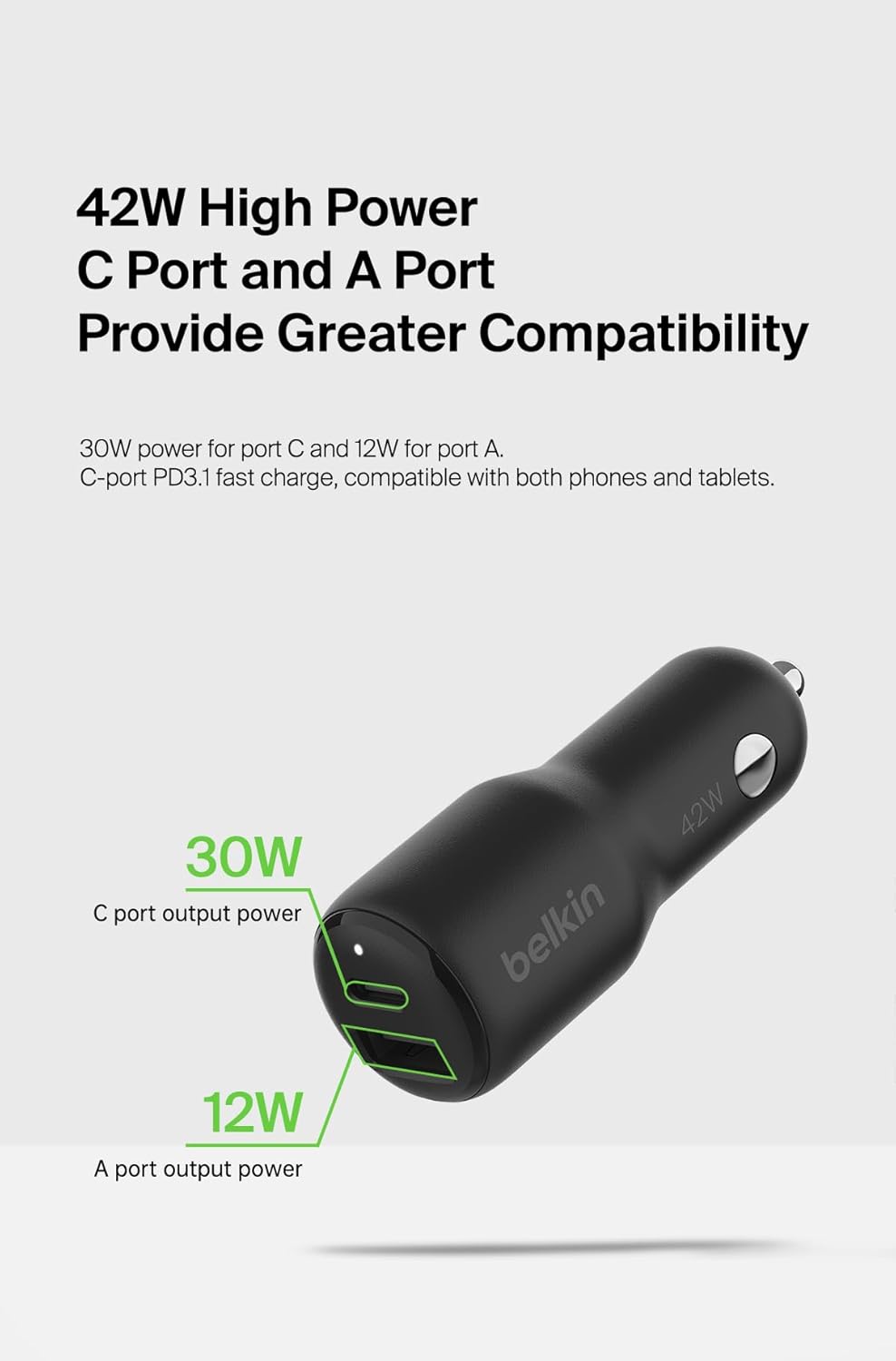 Belkin 42W high power car charger with 30W USB-C and 12W USB-A ports for fast charging compatibility with phones and tablets.