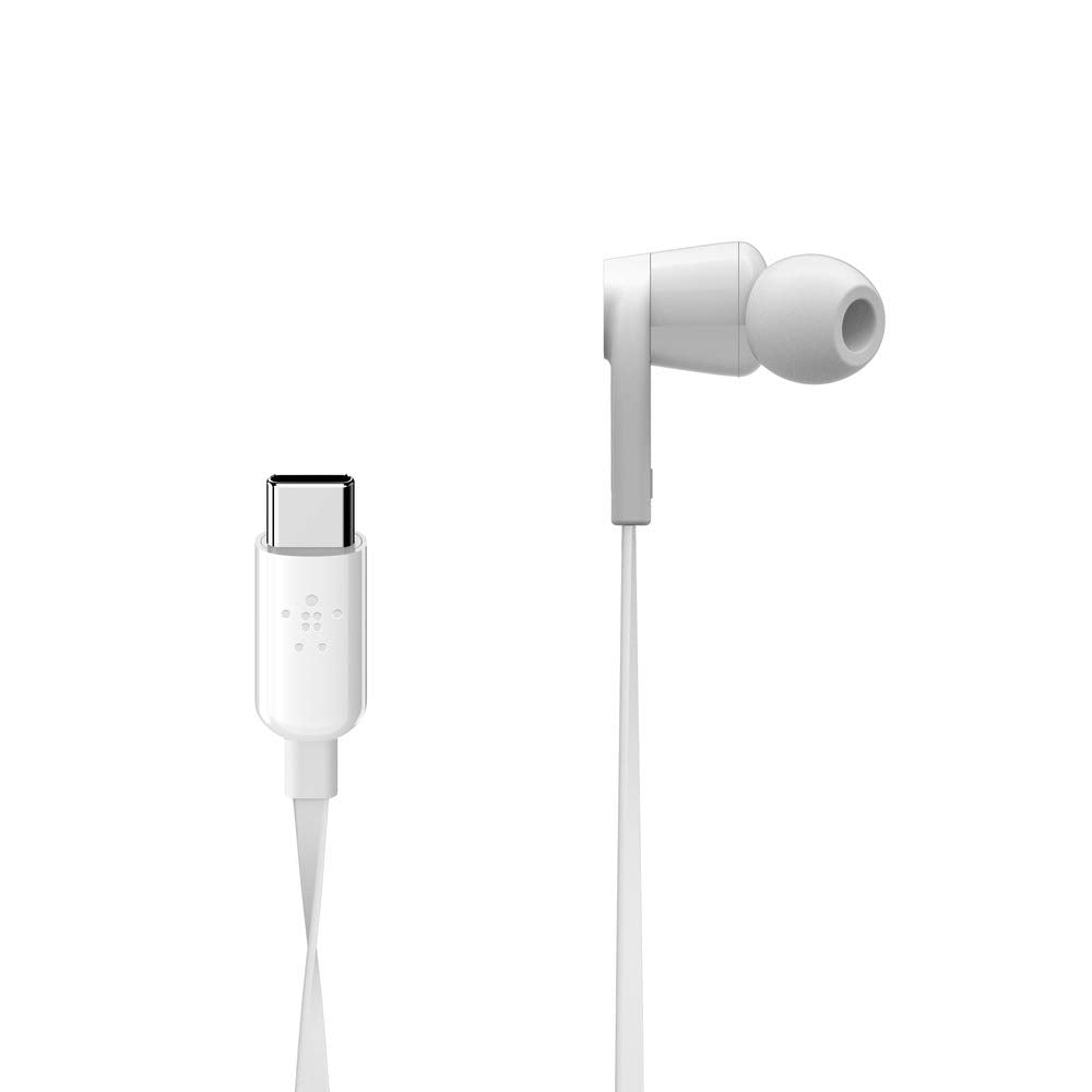 The image shows white in-ear earphones with a USB-C connector. The earphones feature a silicone tip for comfort, and the clean design aligns with a minimalist, modern aesthetic. The image presents the earphone's profile alongside the USB-C connection end, emphasizing the compatibility with modern devices that use USB-C.