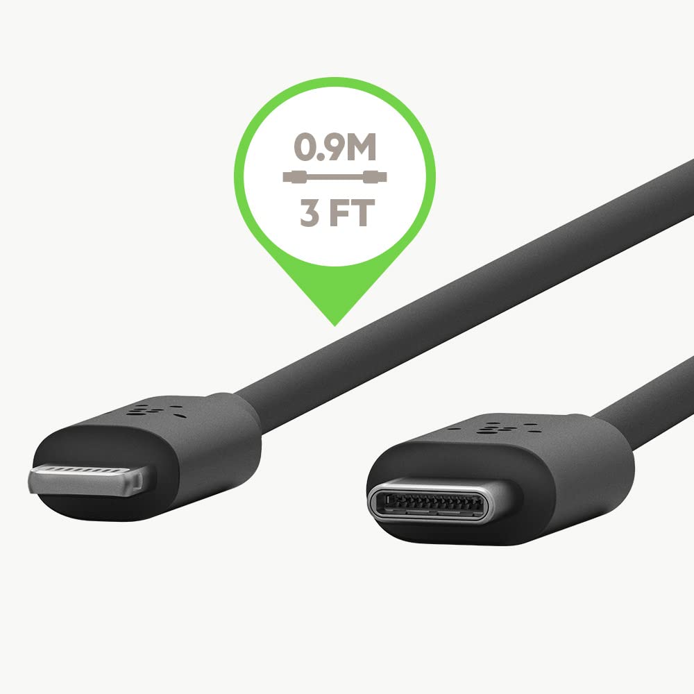 The Belkin USB-C to Lightning cable, 0.9 meters (3 feet) in length, is ideal for fast charging and data transfer for compatible Apple devices.