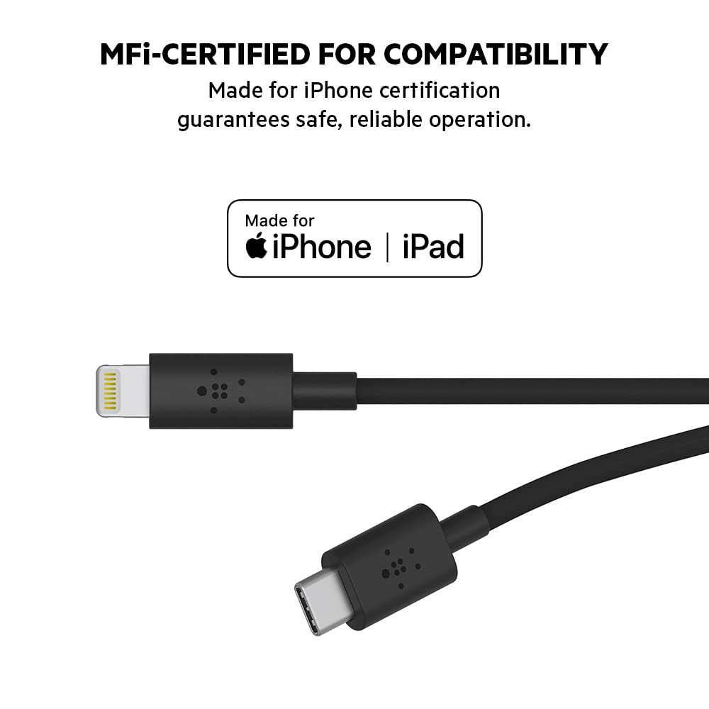 Belkin USB-C to Lightning cable is MFi-certified, ensuring compatibility with iPhone and iPad, guaranteeing safe and reliable operation.