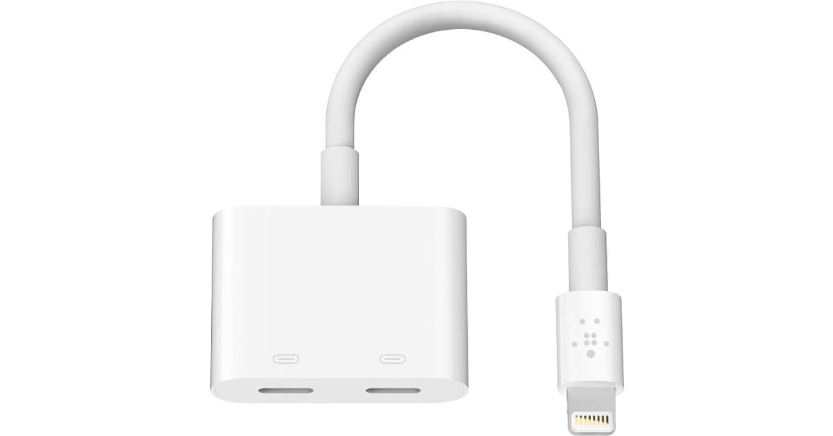 Belkin dual Lightning adapter for Apple devices, supporting simultaneous charging and audio playback through two Lightning ports.