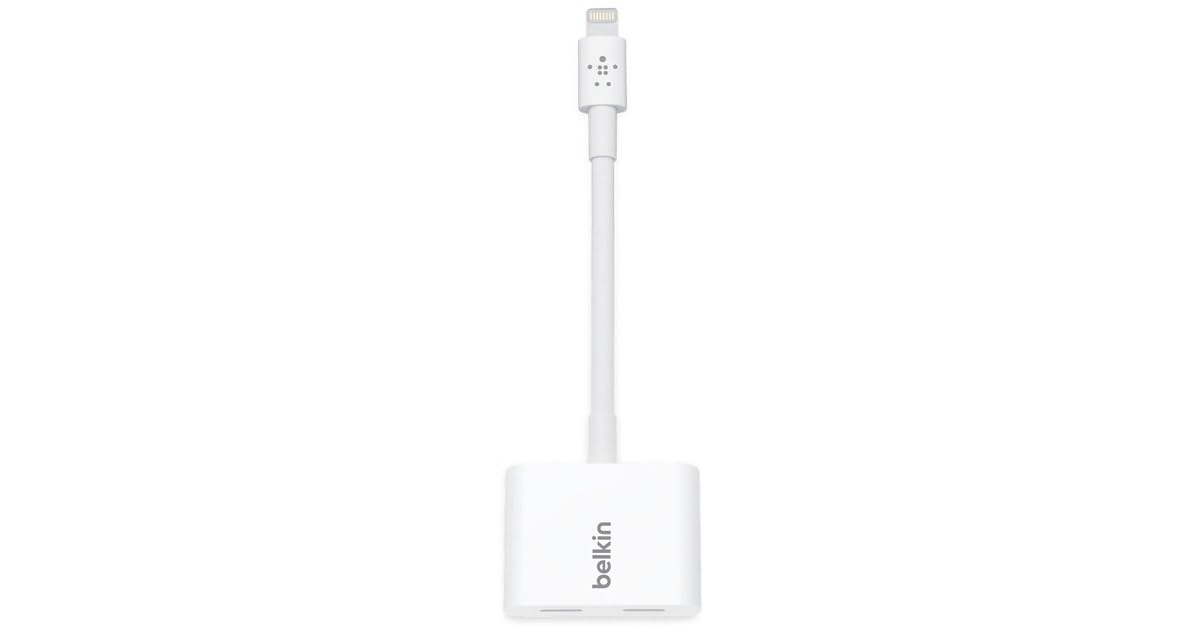 Belkin Lightning to dual Lightning adapter, enabling simultaneous charging and audio playback for Apple devices.