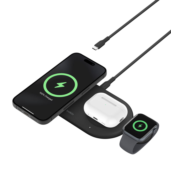 Belkin 3-in-1 wireless charging station in black with USB-C cable, designed for fast charging of iPhone, AirPods, and Apple Watch.