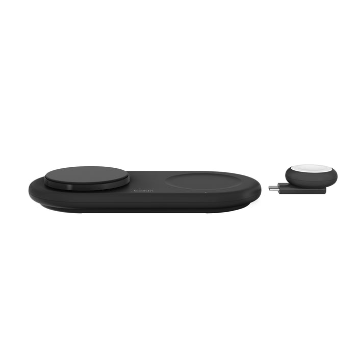 Belkin 3-in-1 wireless charging pad in black with detachable Apple Watch charger, offering seamless charging for iPhone, AirPods, and Apple Watch.