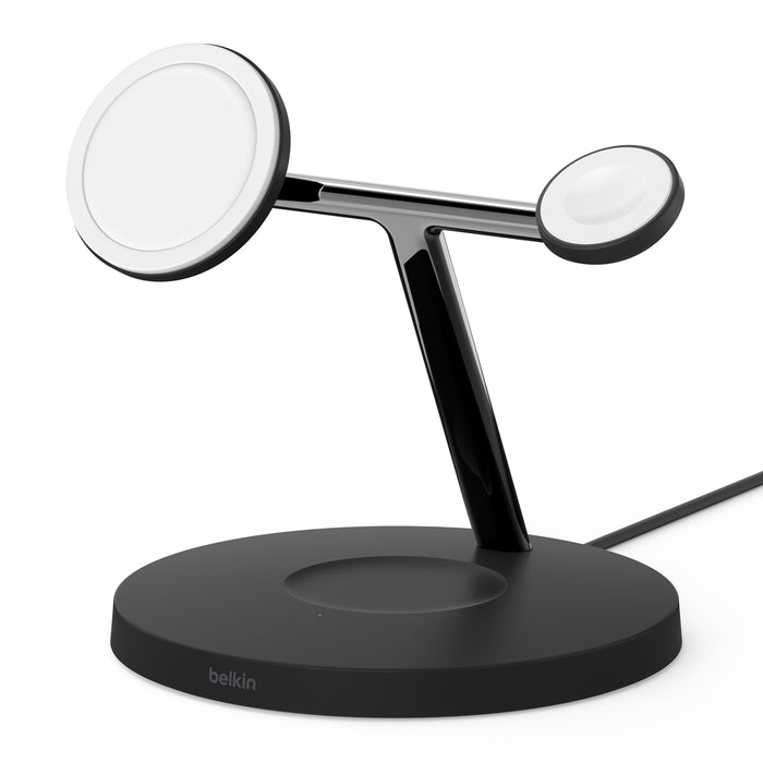 This is the Belkin 3-in-1 Wireless Charger in a sleek black finish, featuring a modern "T" design for charging multiple devices simultaneously, including iPhones, Apple Watches, and AirPods.